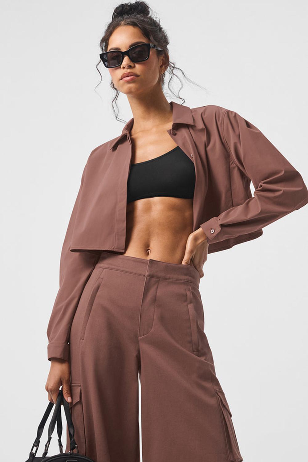 Cropped Tops γυναικεια Alo Yoga Take Me Out Button Up Chestnut | Greece  YTXKA-6012