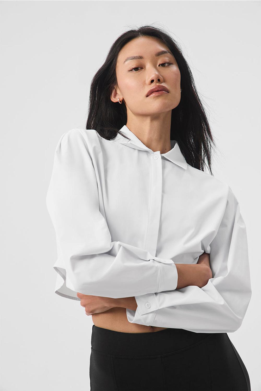 Cropped Tops γυναικεια Alo Yoga Take Me Out Button Up ασπρα | Greece  PEVTL-7390
