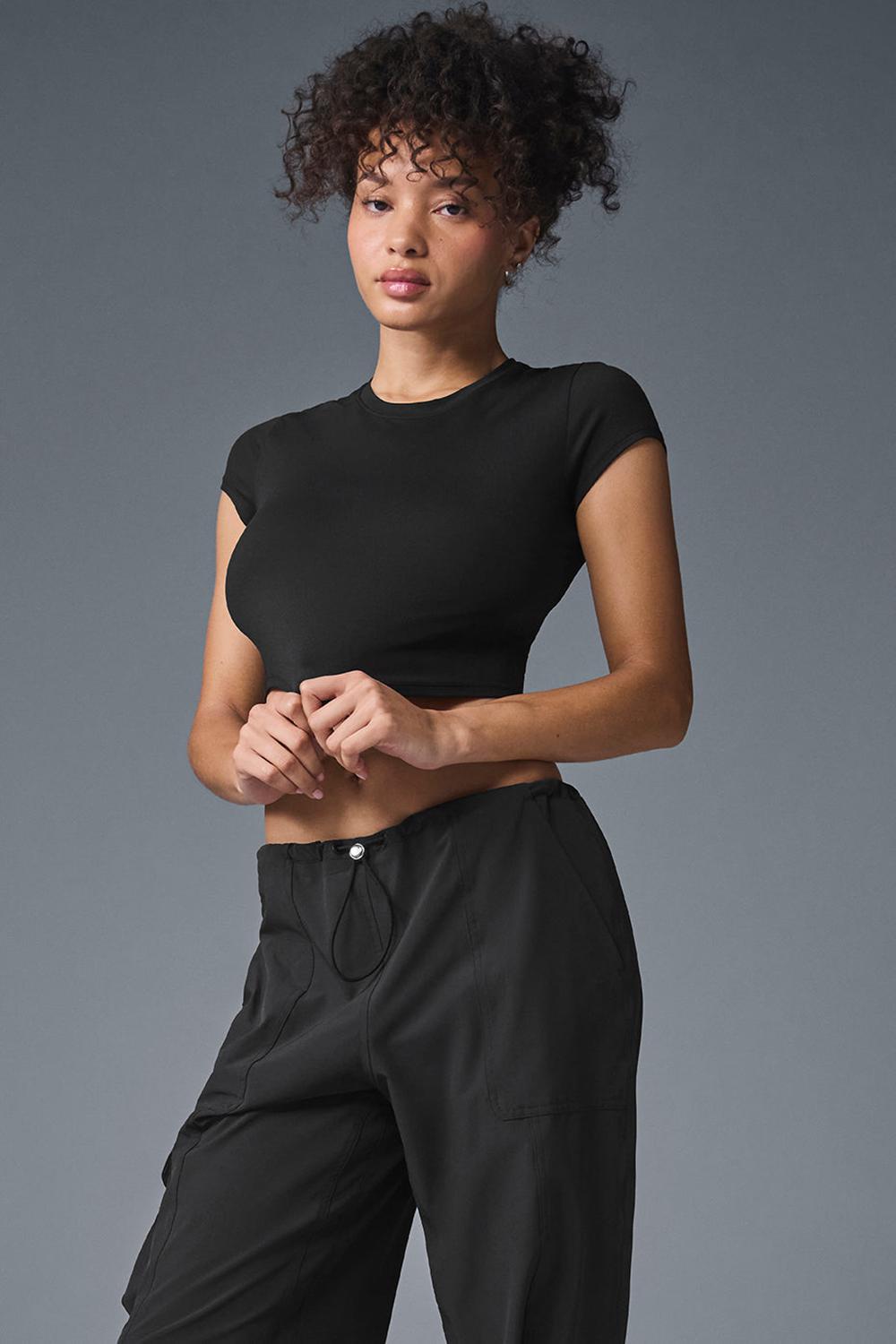 Short Sleeve γυναικεια Alo Yoga Alosoft Crop Finesse μαυρα | Greece  TPQYZ-4086