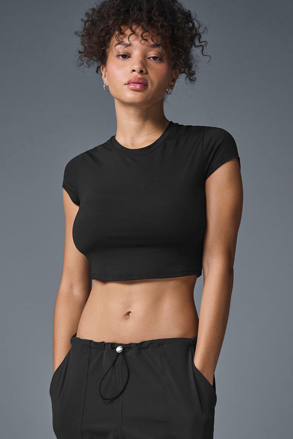 Short Sleeve γυναικεια Alo Yoga Alosoft Crop Finesse μαυρα | Greece  TPQYZ-4086