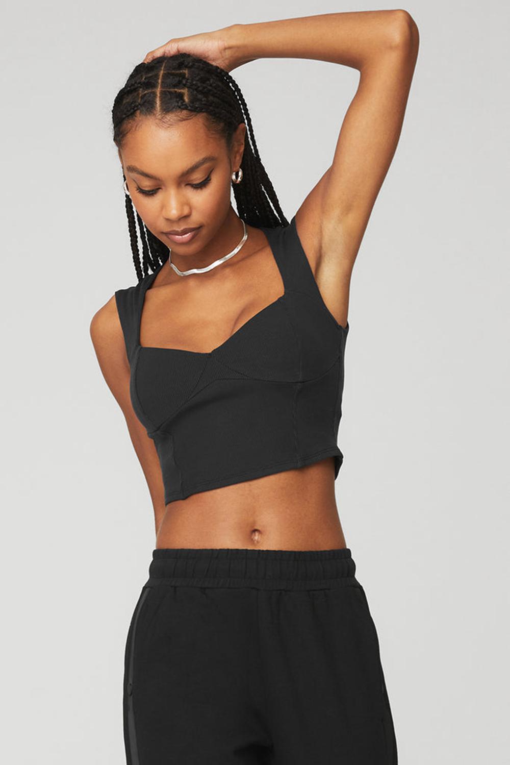 Short Sleeve γυναικεια Alo Yoga Ribbed Sweetheart μαυρα | Greece  OIYQS-8209