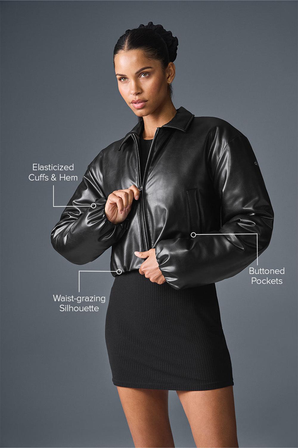 Μπουφαν Bomber γυναικεια Alo Yoga Faux Leather Cropped Premier μαυρα | Greece  DFGVL-2850
