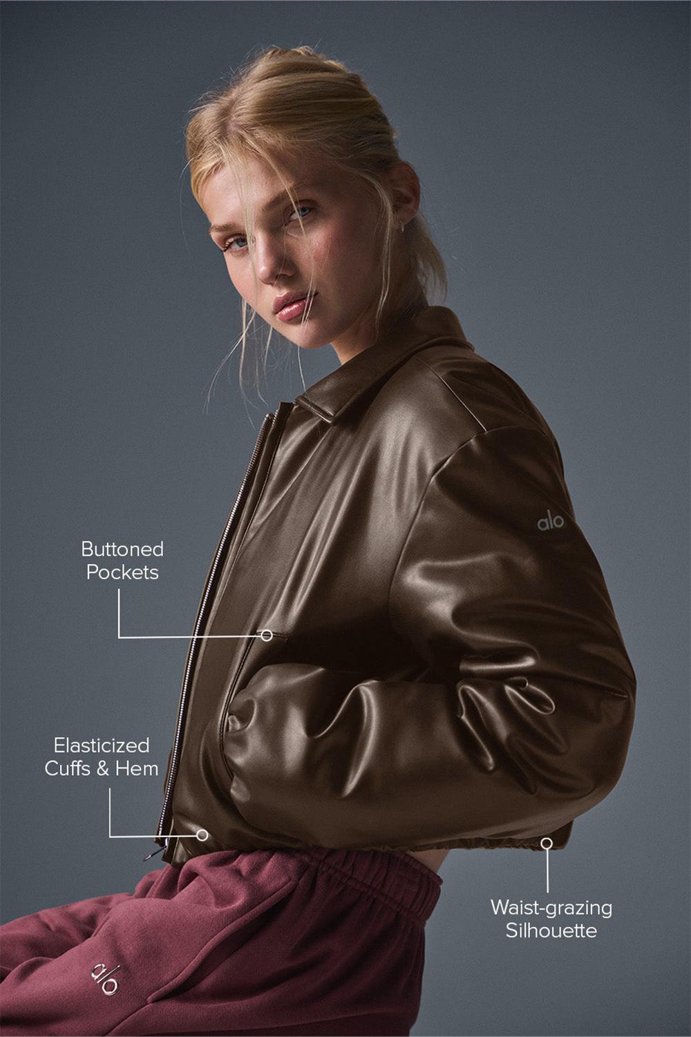 Μπουφαν Bomber γυναικεια Alo Yoga Faux Leather Cropped Premier Espresso | Greece  GPXJW-1408