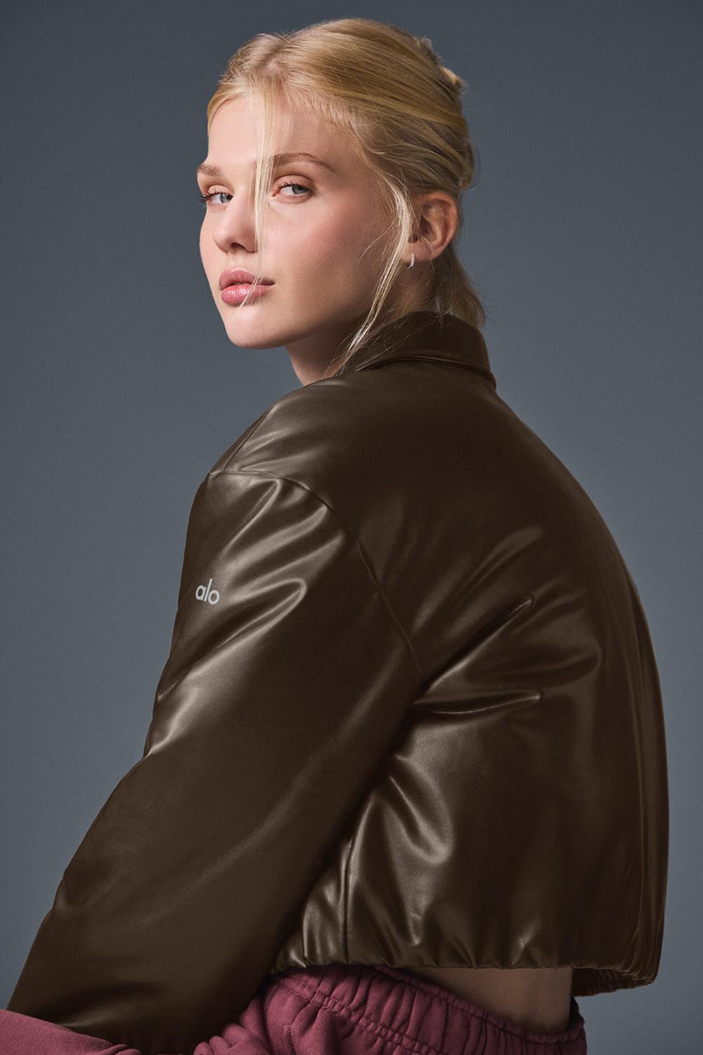 Μπουφαν Bomber γυναικεια Alo Yoga Faux Leather Cropped Premier Espresso | Greece  GPXJW-1408