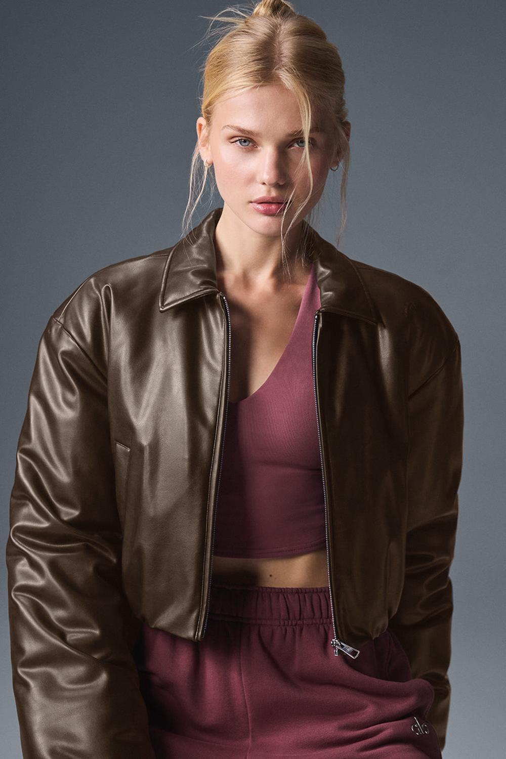 Μπουφαν Bomber γυναικεια Alo Yoga Faux Leather Cropped Premier Espresso | Greece  GPXJW-1408