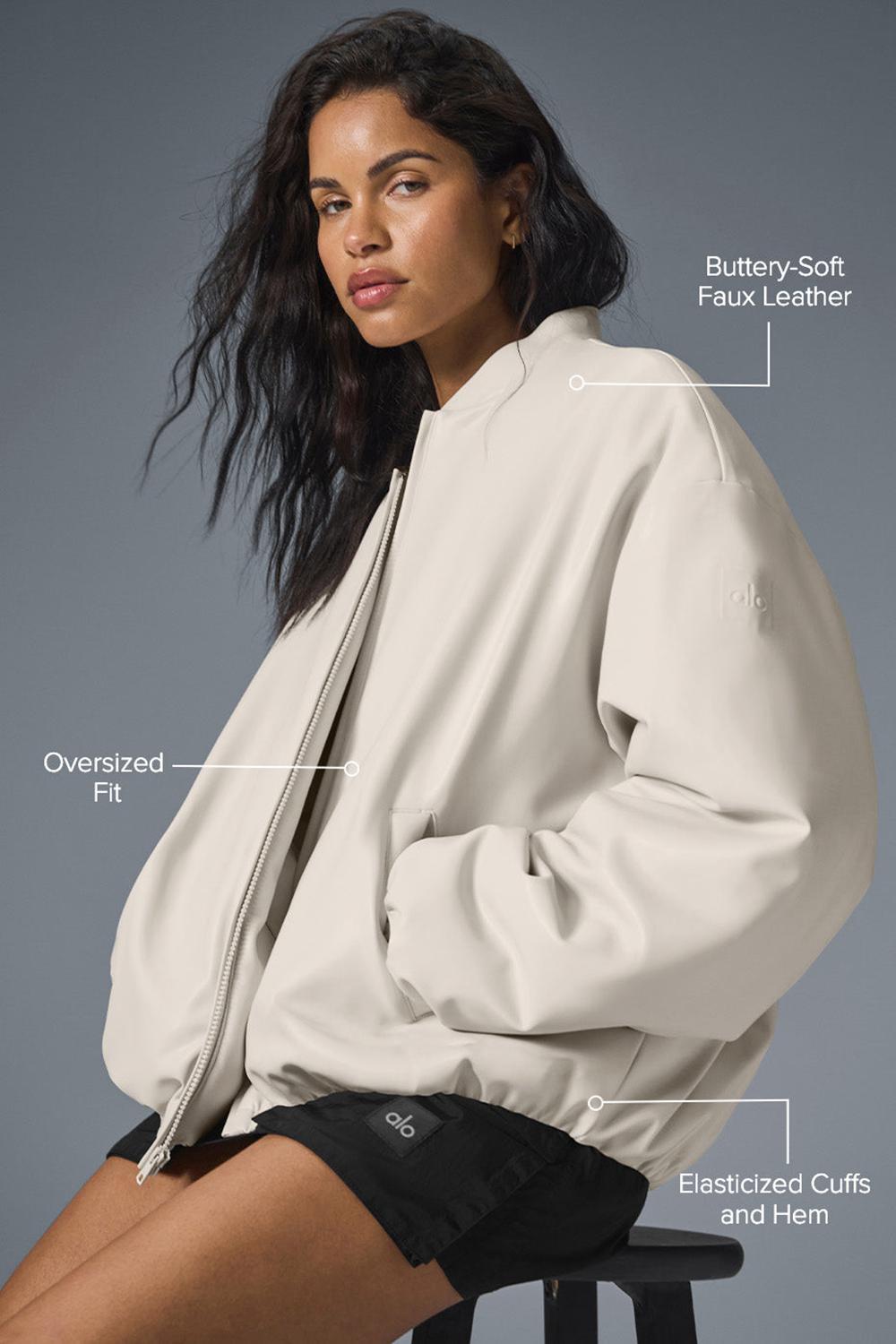 Μπουφαν Bomber γυναικεια Alo Yoga Faux Leather Premier Bone | Greece  NLFTC-2697