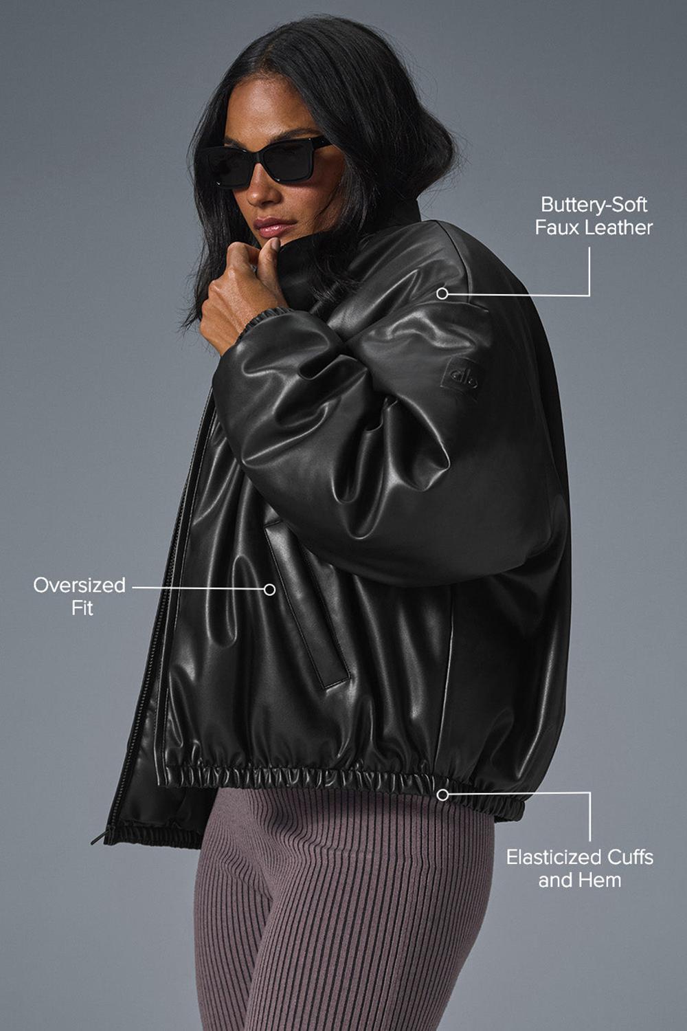 Μπουφαν Bomber γυναικεια Alo Yoga Faux Leather Premier μαυρα | Greece  BRHAY-2316