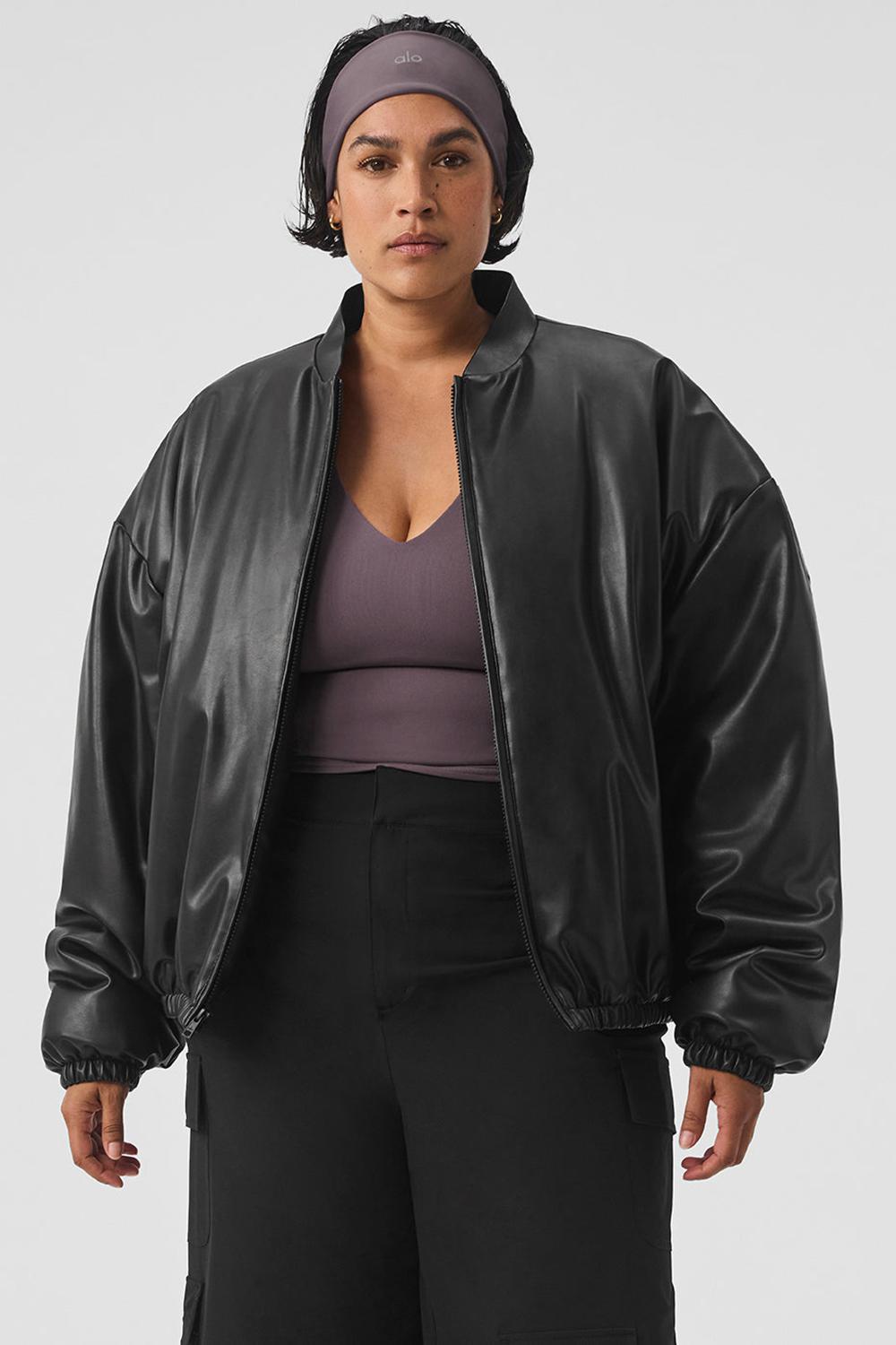 Μπουφαν Bomber γυναικεια Alo Yoga Faux Leather Premier μαυρα | Greece  BRHAY-2316