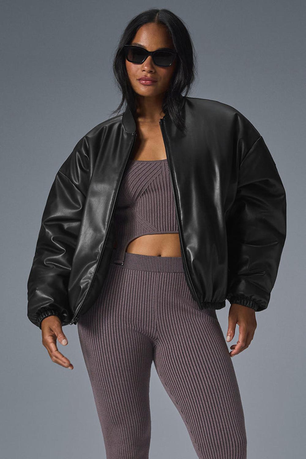 Μπουφαν Bomber γυναικεια Alo Yoga Faux Leather Premier μαυρα | Greece  BRHAY-2316