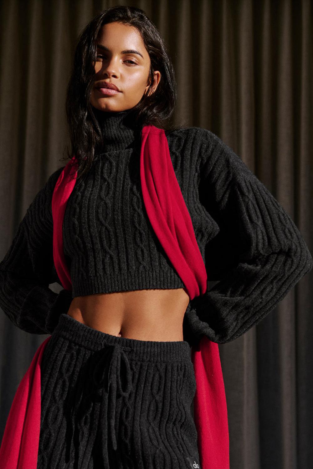 Μακρυμανικο γυναικεια Alo Yoga Cable Knit Cropped Winter Bliss Turtleneck σκούρο γκρι | Greece  KSNPM-6725