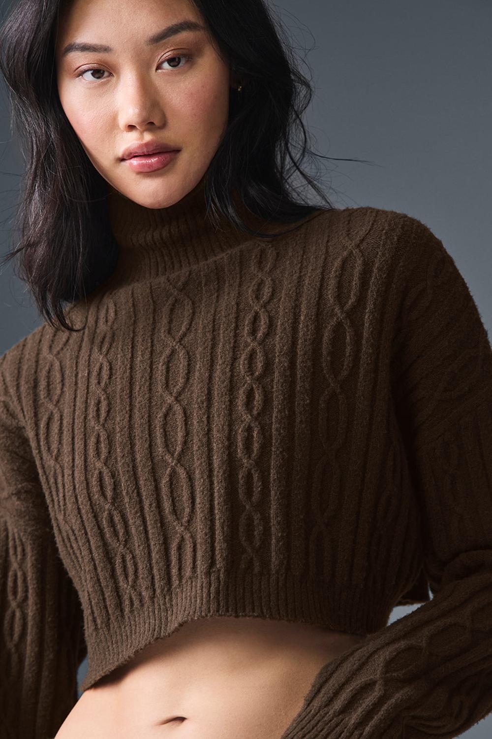 Μακρυμανικο γυναικεια Alo Yoga Cable Knit Cropped Winter Bliss Turtleneck Espresso | Greece  CWOBP-0497