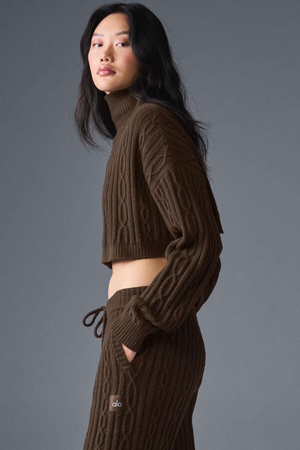 Μακρυμανικο γυναικεια Alo Yoga Cable Knit Cropped Winter Bliss Turtleneck Espresso | Greece  CWOBP-0497