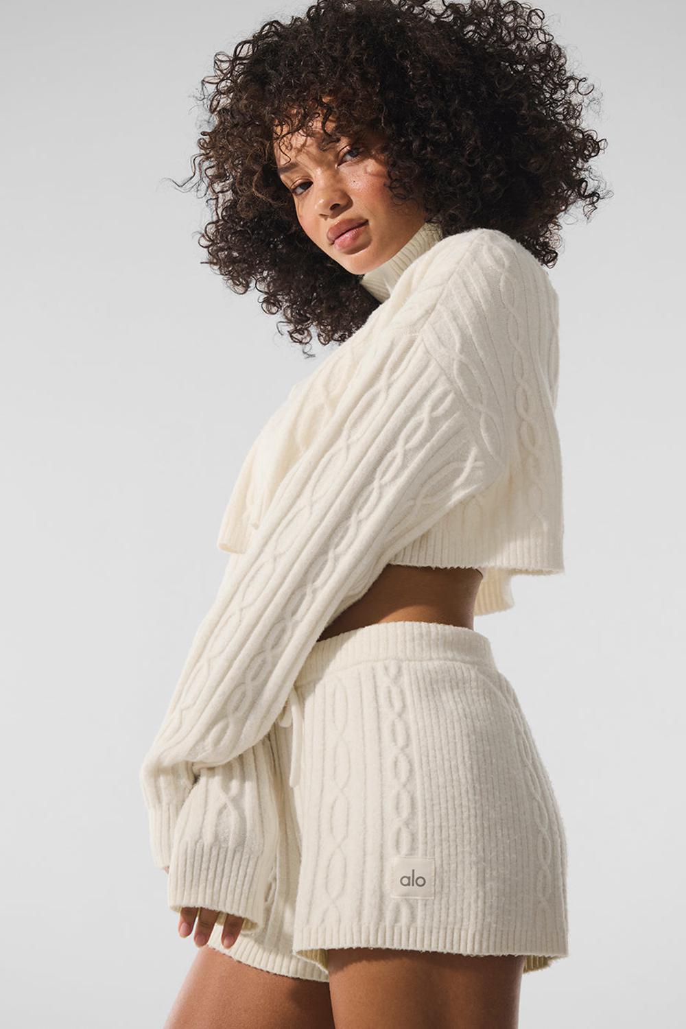 Μακρυμανικο γυναικεια Alo Yoga Cable Knit Cropped Winter Bliss Turtleneck Ivory | Greece  ZDKNF-8394