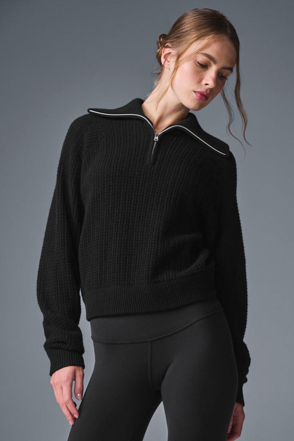 Φουτερ γυναικεια Alo Yoga Cashmere Plush Waffle 1/4 Zip μαυρα | Greece  AIHUZ-7260