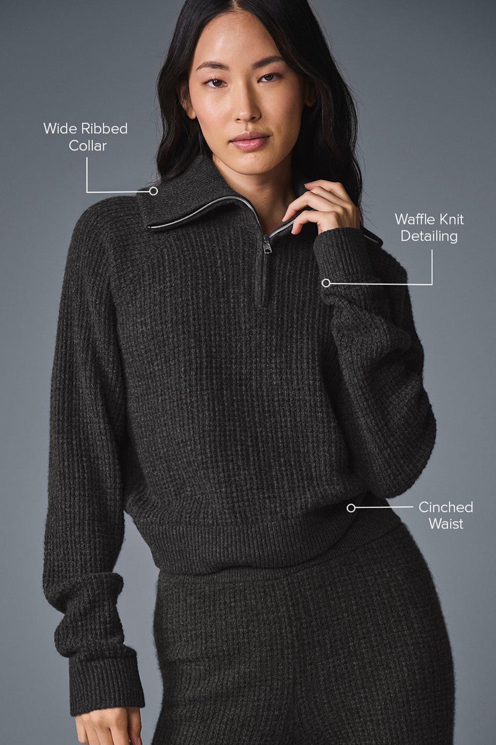 Φουτερ γυναικεια Alo Yoga Cashmere Plush Waffle 1/4 Zip σκούρο γκρι | Greece  GRHTE-2783