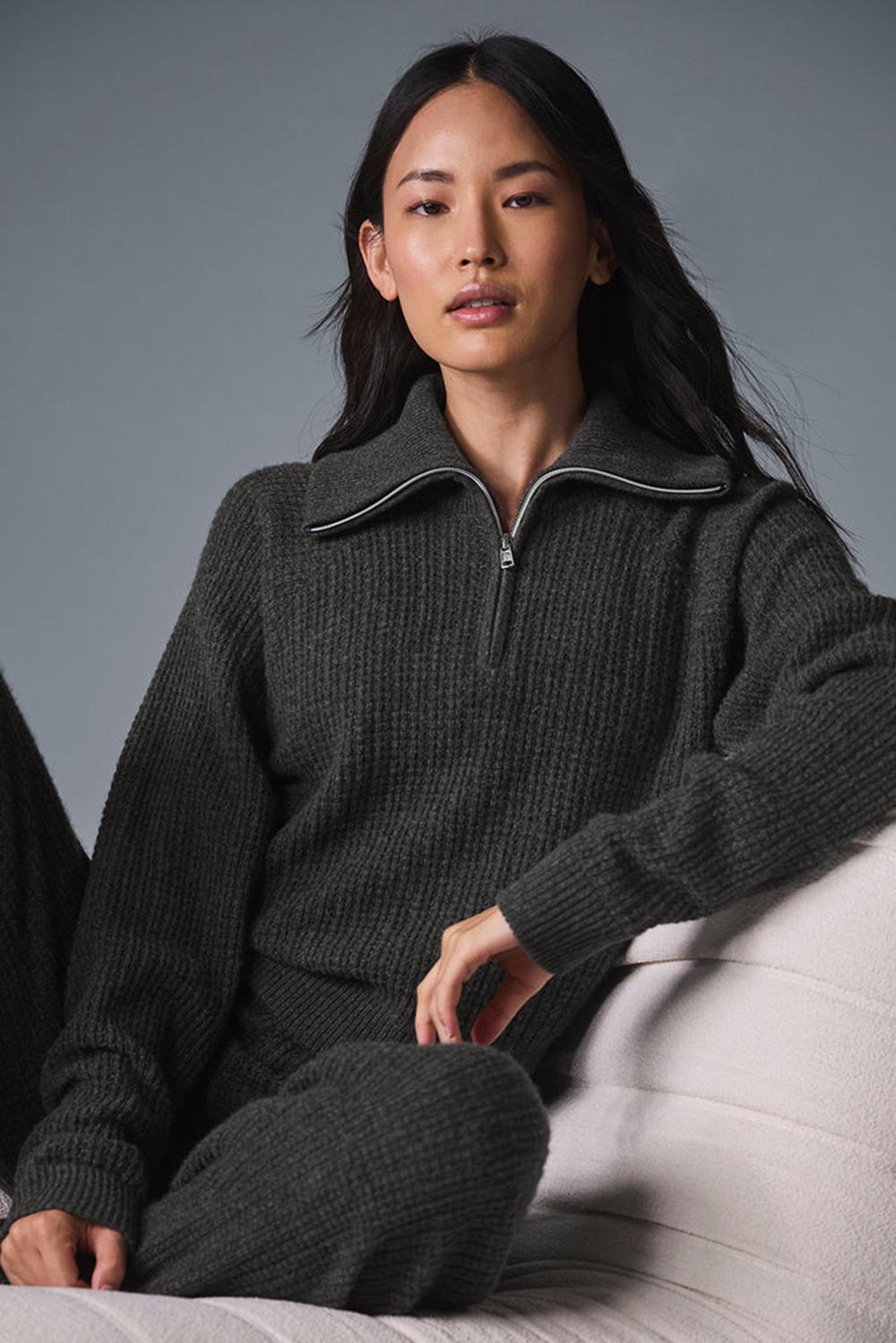 Φουτερ γυναικεια Alo Yoga Cashmere Plush Waffle 1/4 Zip σκούρο γκρι | Greece  GRHTE-2783
