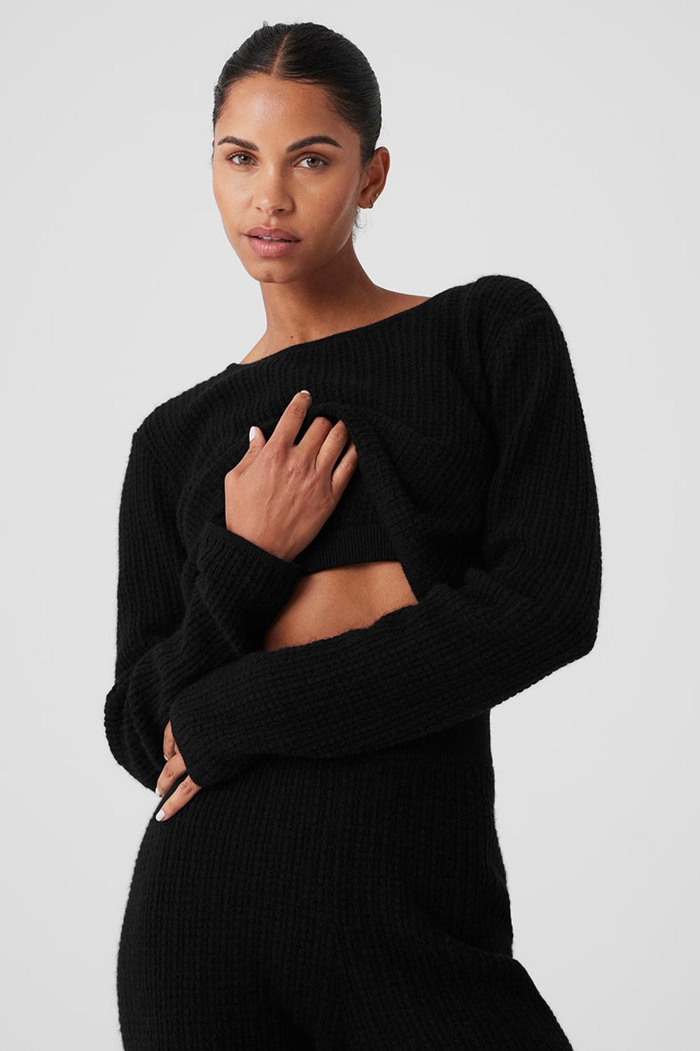 Μακρυμανικο γυναικεια Alo Yoga Cashmere Plush Waffle Cropped μαυρα | Greece  EQVFI-3927