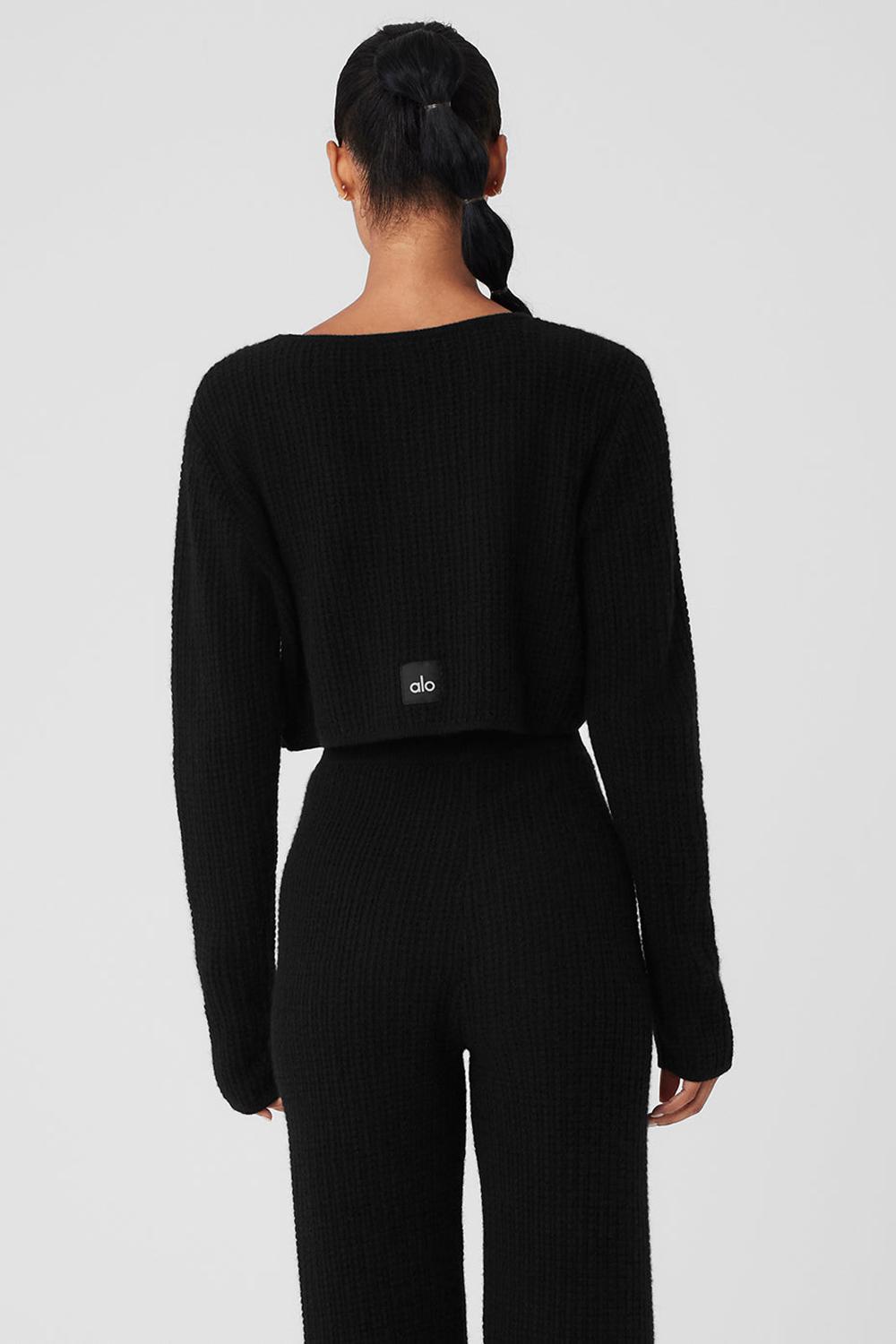 Μακρυμανικο γυναικεια Alo Yoga Cashmere Plush Waffle Cropped μαυρα | Greece  EQVFI-3927