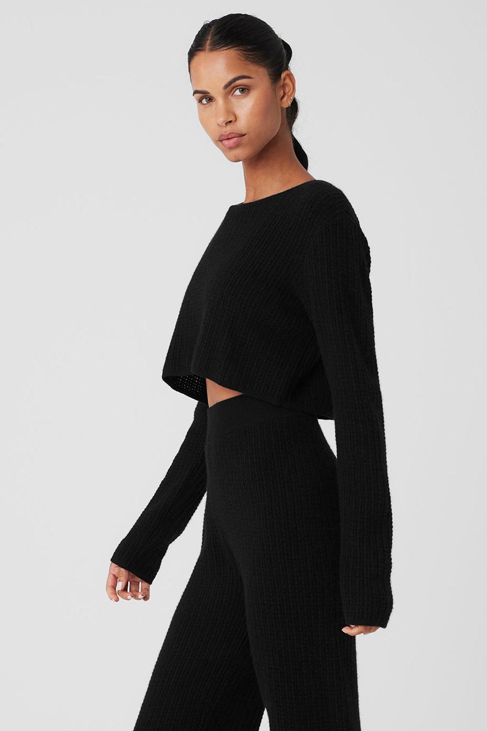 Μακρυμανικο γυναικεια Alo Yoga Cashmere Plush Waffle Cropped μαυρα | Greece  EQVFI-3927