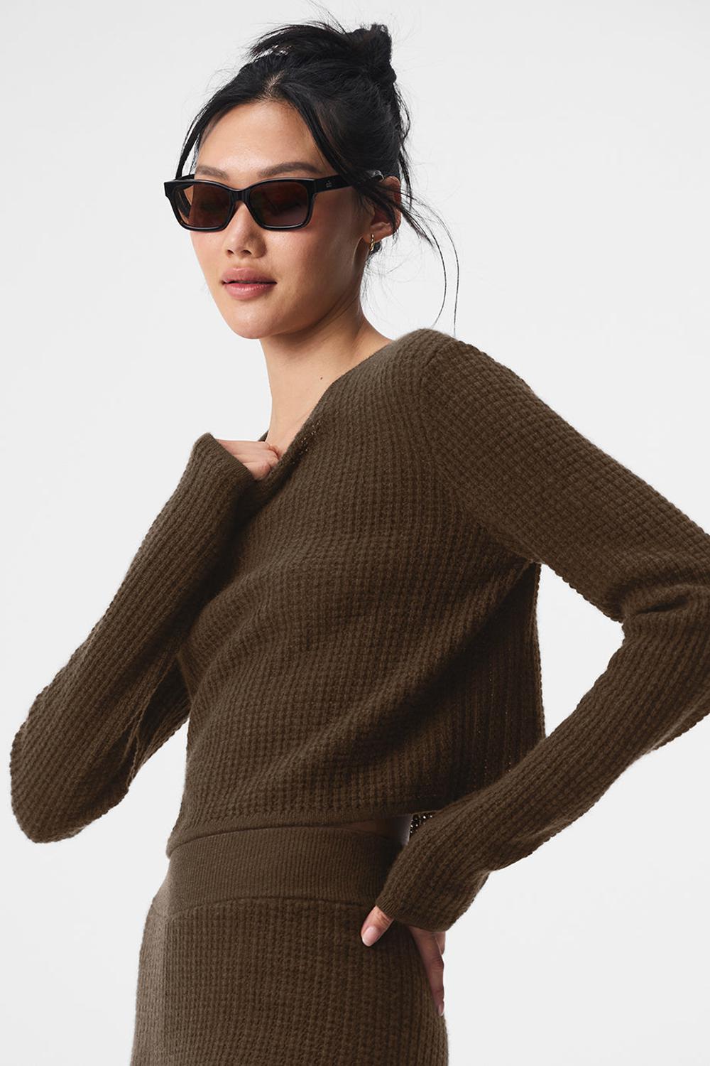 Μακρυμανικο γυναικεια Alo Yoga Cashmere Plush Waffle Cropped Espresso | Greece  RXJZB-6273