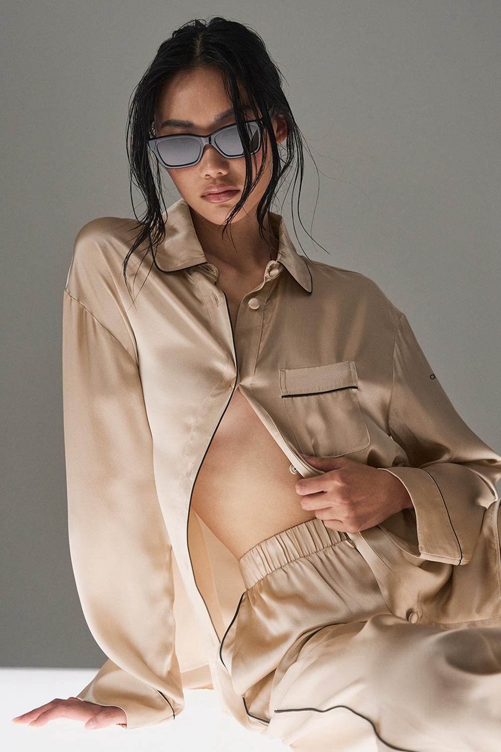 εσωρουχα γυναικεια Alo Yoga Courchevel Silk Button Down μαυρα | Greece  KQHJS-1345