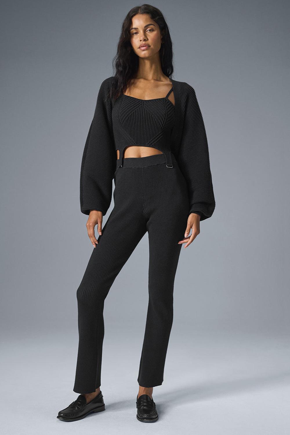 Παντελονι γυναικεια Alo Yoga Denim Knit High-Waist Flare μαυρα | Greece  FHYQC-7036