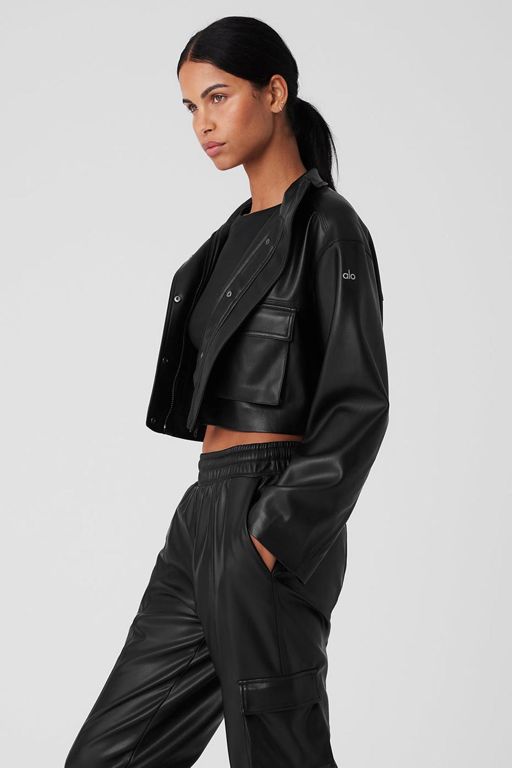 Μπουφαν γυναικεια Alo Yoga Faux Leather Power Hour μαυρα | Greece  AJOCY-9682