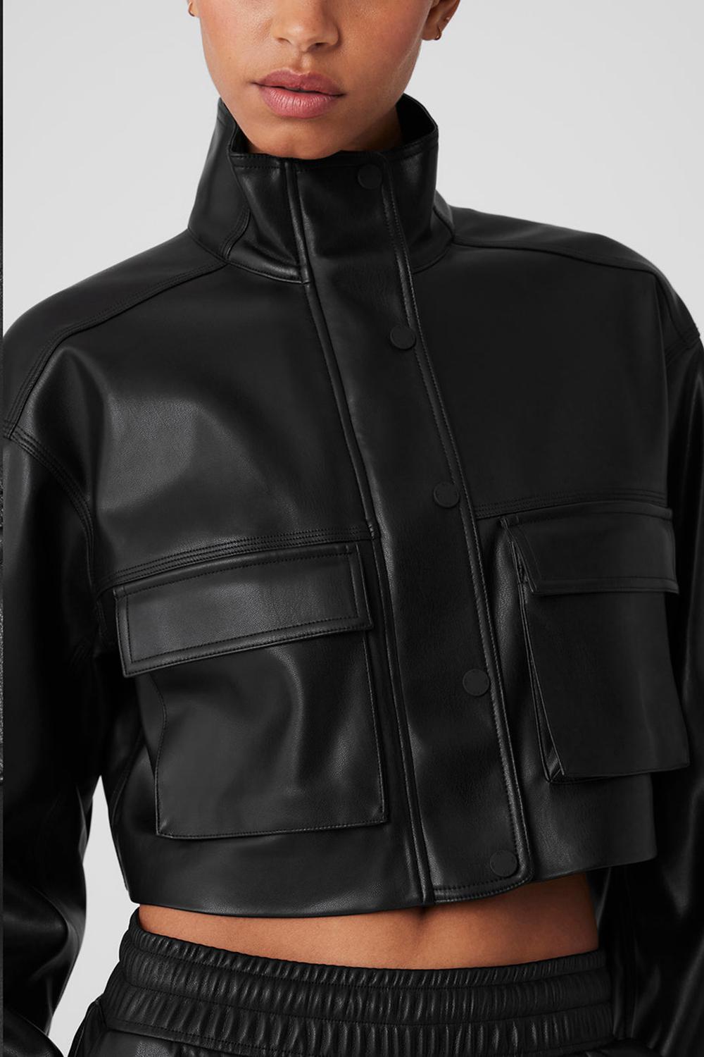 Μπουφαν γυναικεια Alo Yoga Faux Leather Power Hour μαυρα | Greece  AJOCY-9682