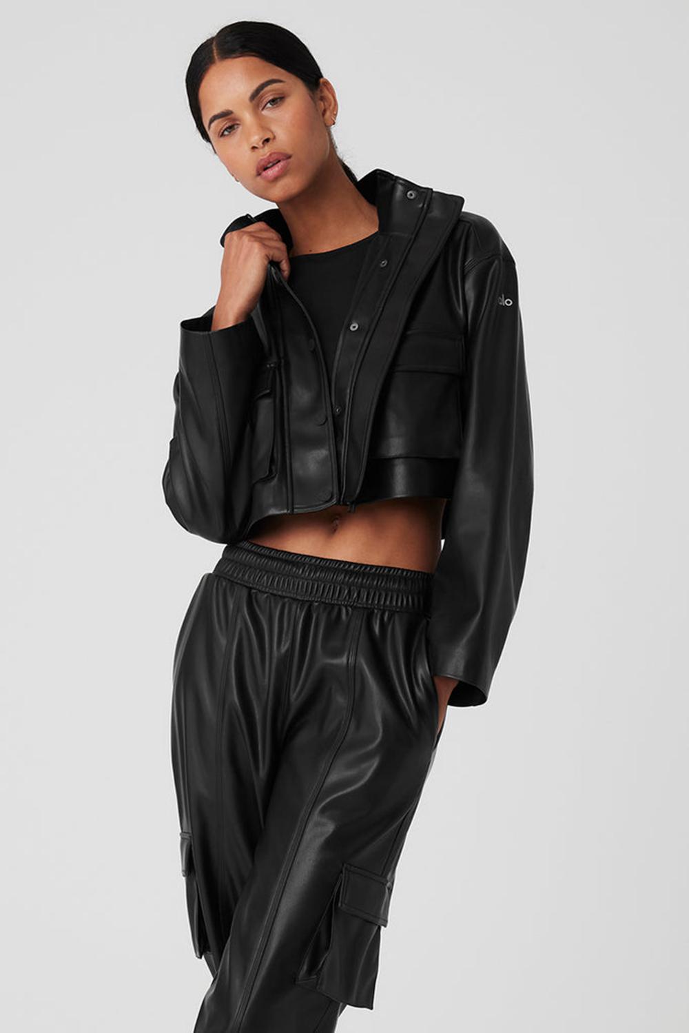 Μπουφαν γυναικεια Alo Yoga Faux Leather Power Hour μαυρα | Greece  AJOCY-9682