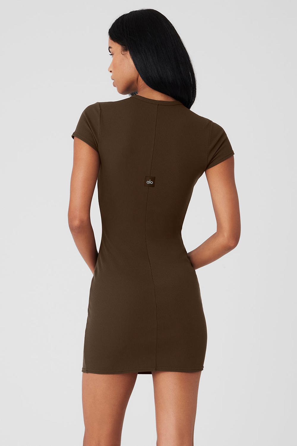 Φορεμα γυναικεια Alo Yoga Goddess Ribbed Short Sleeve Espresso | Greece  IJRPH-8015