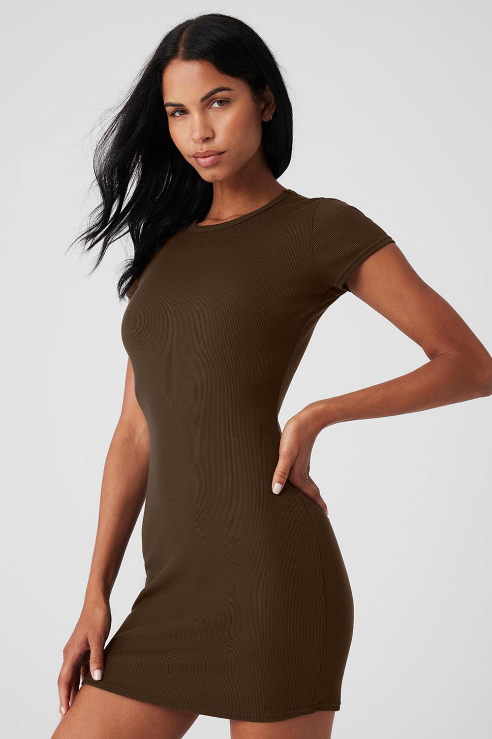 Φορεμα γυναικεια Alo Yoga Goddess Ribbed Short Sleeve Espresso | Greece  IJRPH-8015