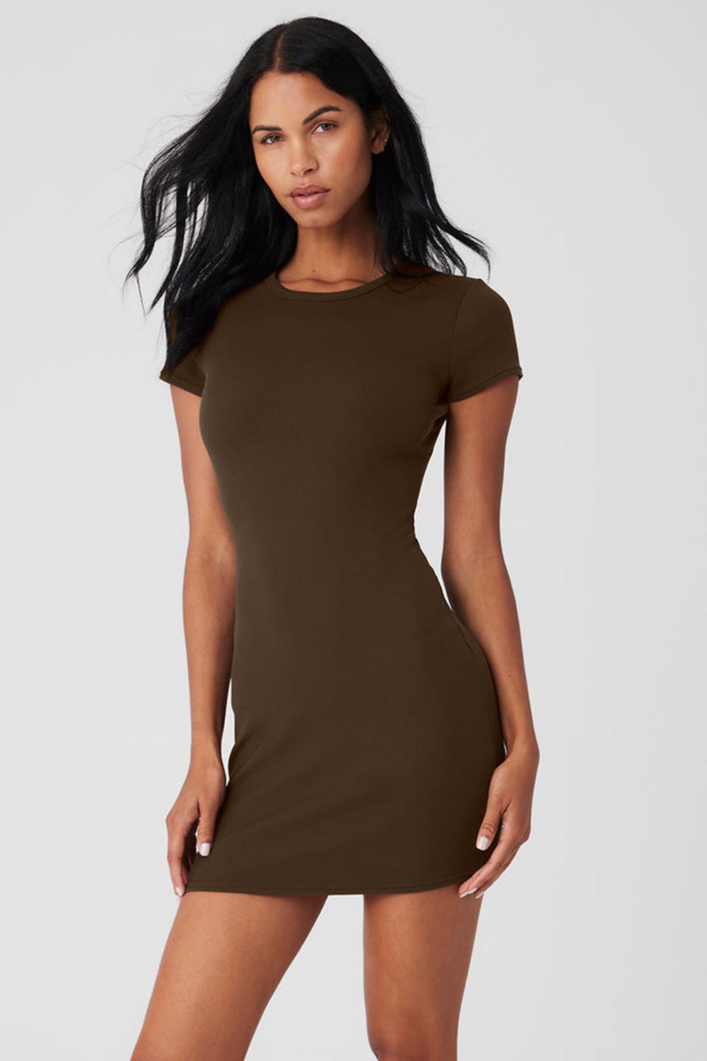Φορεμα γυναικεια Alo Yoga Goddess Ribbed Short Sleeve Espresso | Greece  IJRPH-8015