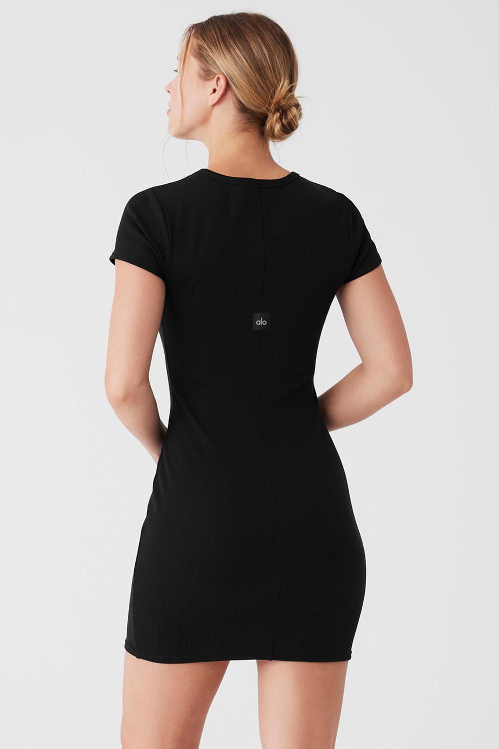 Φορεμα γυναικεια Alo Yoga Goddess Ribbed Short Sleeve μαυρα | Greece  KUXIW-4219