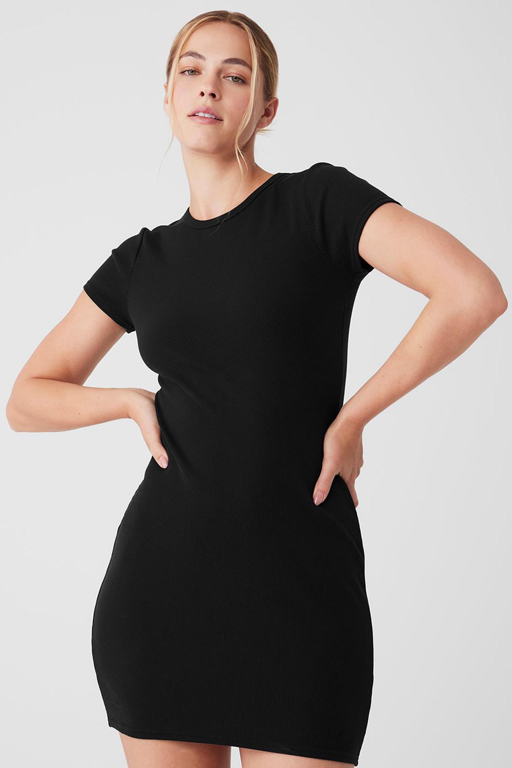 Φορεμα γυναικεια Alo Yoga Goddess Ribbed Short Sleeve μαυρα | Greece  KUXIW-4219