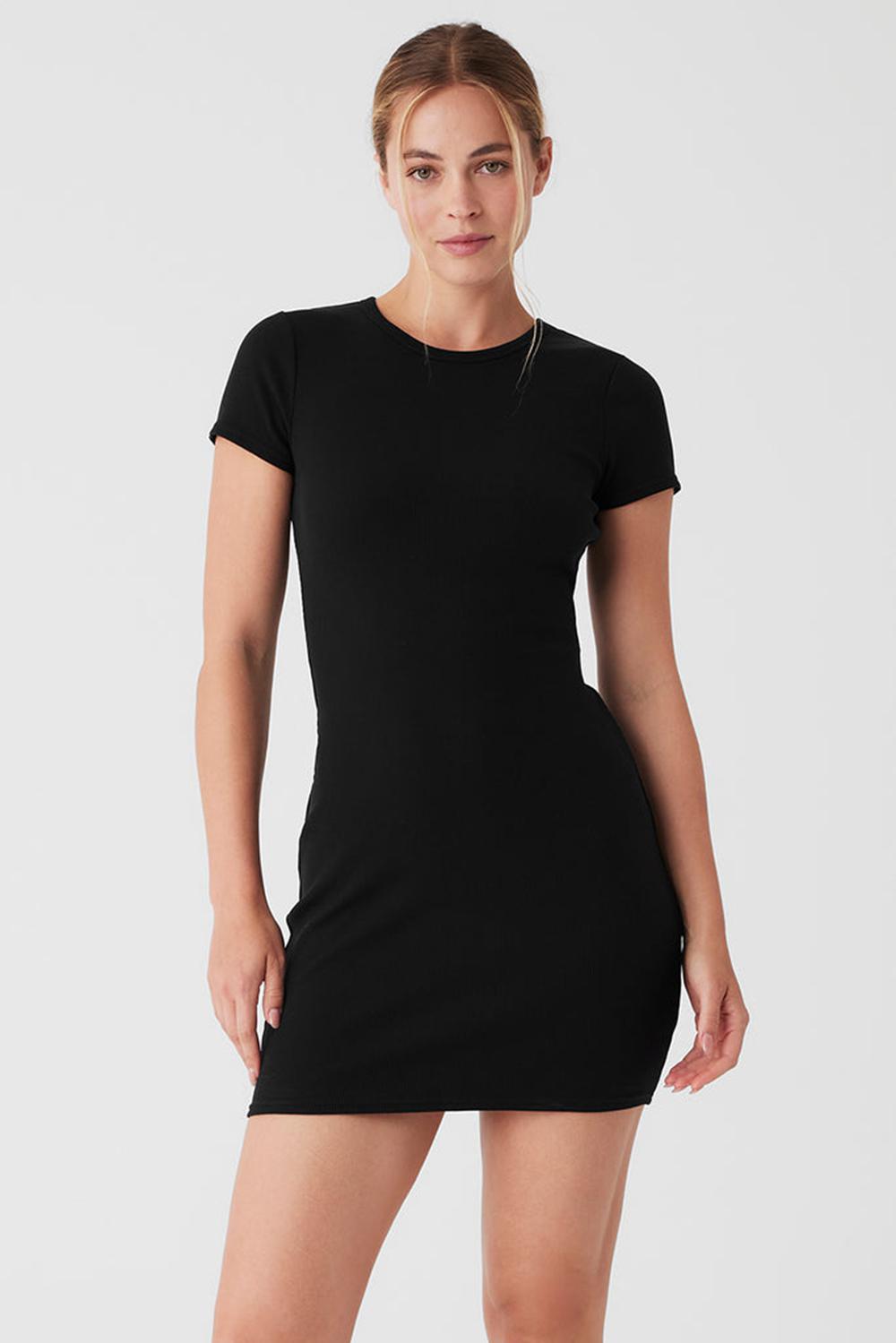 Φορεμα γυναικεια Alo Yoga Goddess Ribbed Short Sleeve μαυρα | Greece  KUXIW-4219