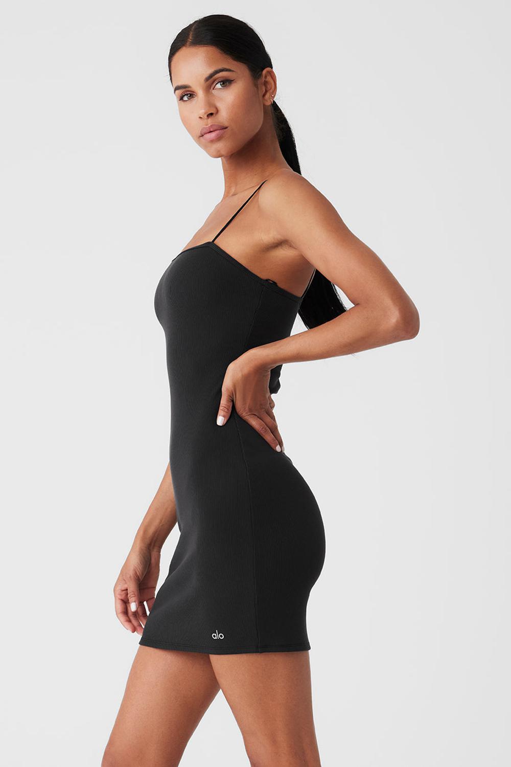 Φορεμα γυναικεια Alo Yoga Goddess Ribbed Spaghetti Strap μαυρα | Greece  YVWUK-8953