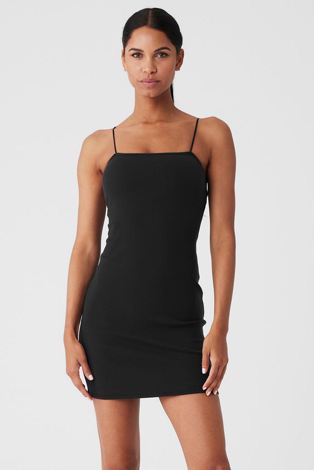 Φορεμα γυναικεια Alo Yoga Goddess Ribbed Spaghetti Strap μαυρα | Greece  YVWUK-8953
