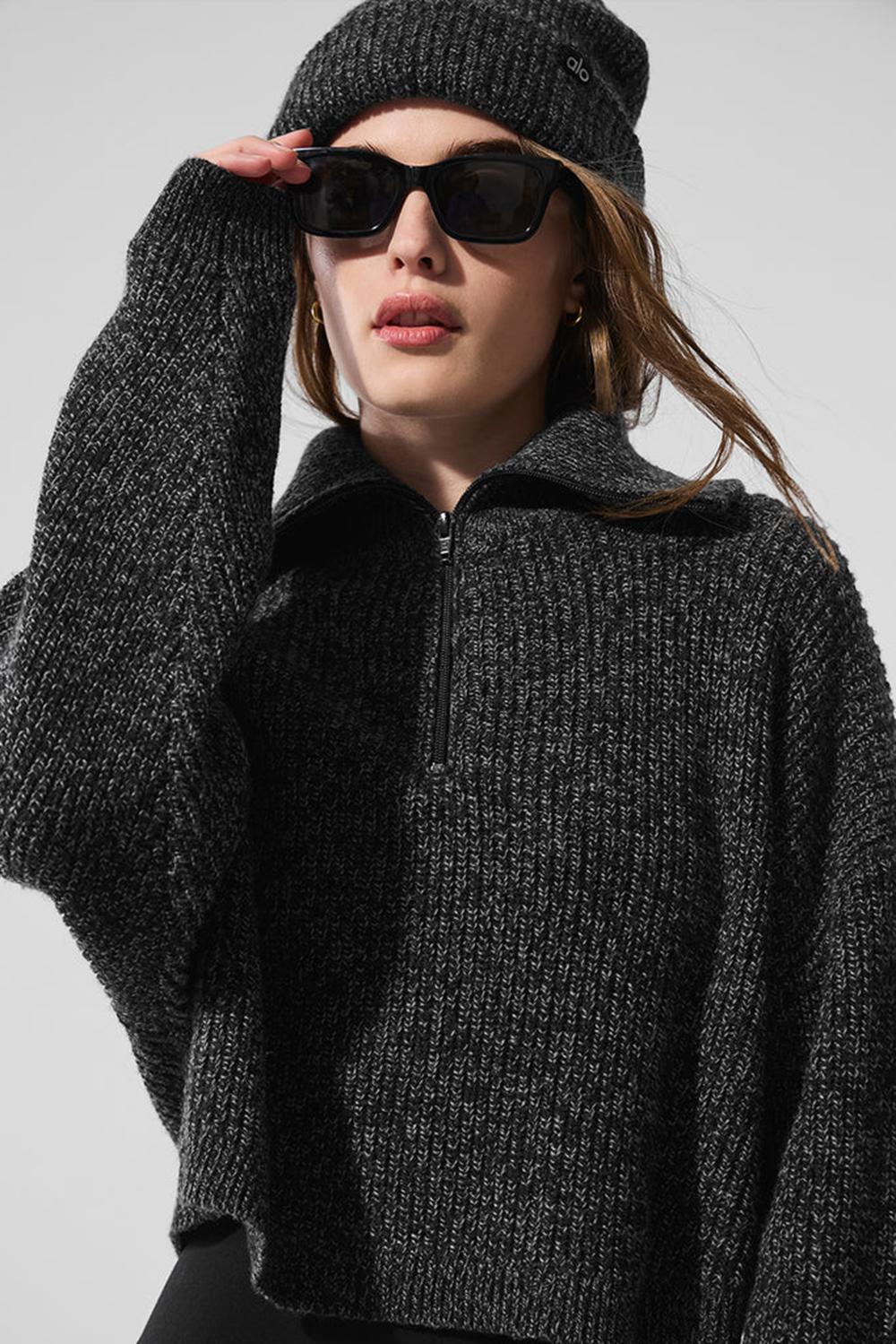 Φουτερ γυναικεια Alo Yoga Marl 1/4 Zip μαυρα | Greece  EHVZW-1365