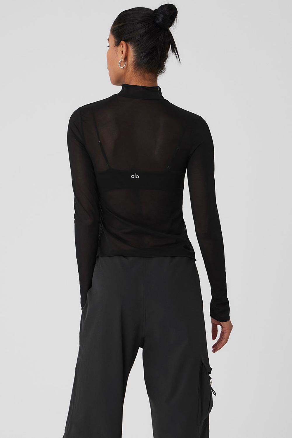 Μακρυμανικο γυναικεια Alo Yoga Mesh Sheer Illusion Mock Neck μαυρα | Greece  XCUEJ-1798