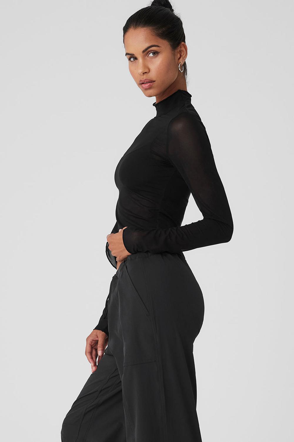 Μακρυμανικο γυναικεια Alo Yoga Mesh Sheer Illusion Mock Neck μαυρα | Greece  XCUEJ-1798