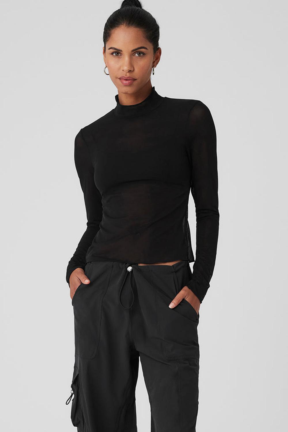 Μακρυμανικο γυναικεια Alo Yoga Mesh Sheer Illusion Mock Neck μαυρα | Greece  XCUEJ-1798