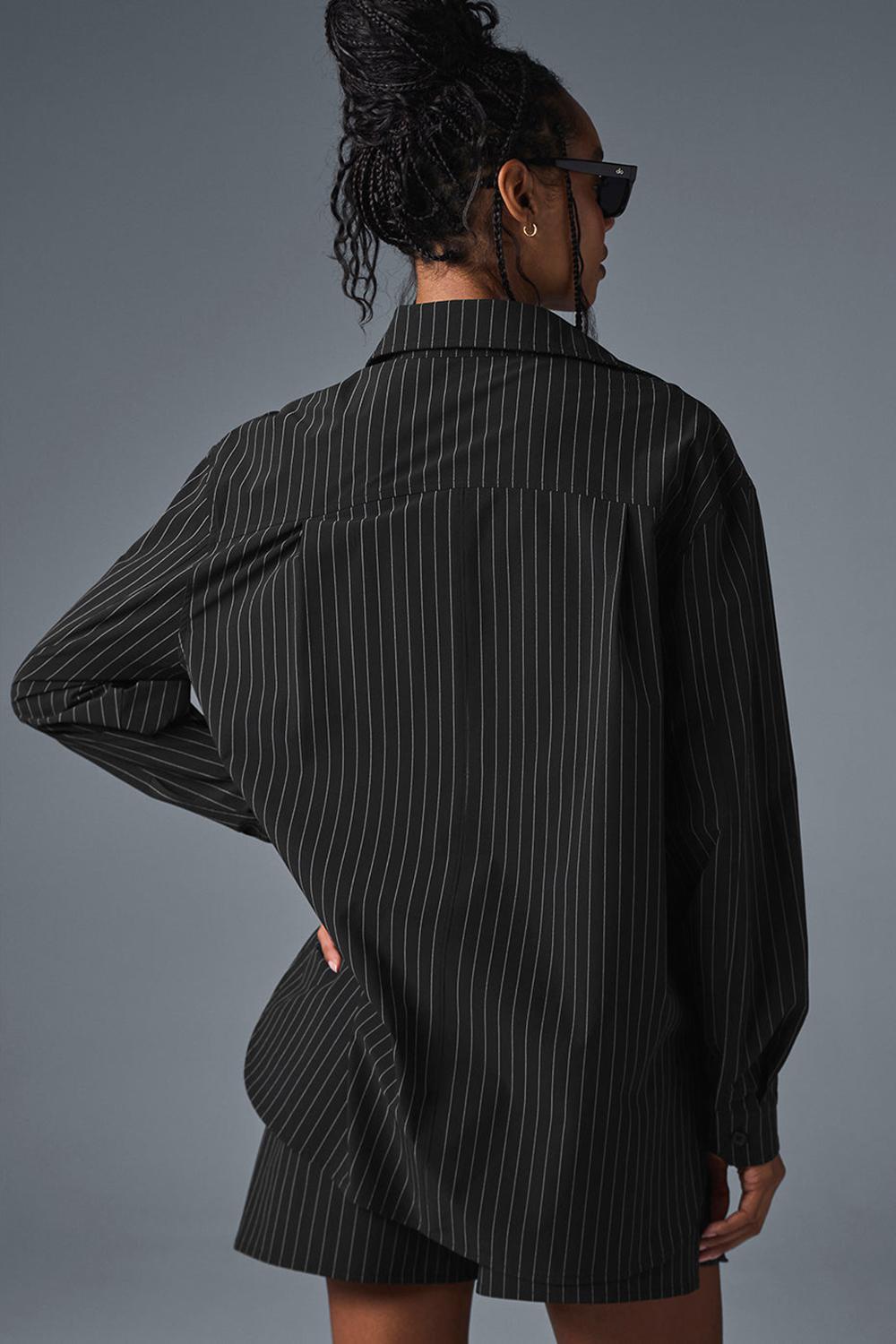 Μακρυμανικο γυναικεια Alo Yoga Pinstripe Daylight Button Down μαυρα Τιτάνιο | Greece  JAFOK-4610