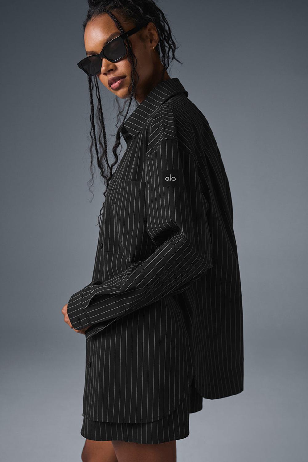 Μακρυμανικο γυναικεια Alo Yoga Pinstripe Daylight Button Down μαυρα Τιτάνιο | Greece  JAFOK-4610