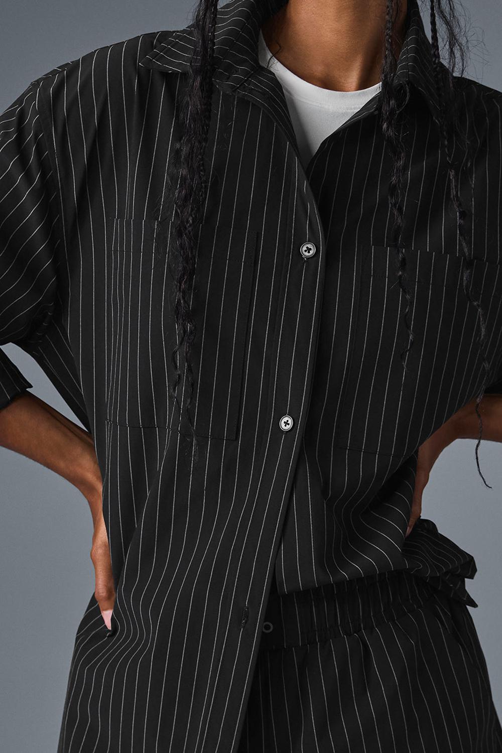 Μακρυμανικο γυναικεια Alo Yoga Pinstripe Daylight Button Down μαυρα Τιτάνιο | Greece  JAFOK-4610
