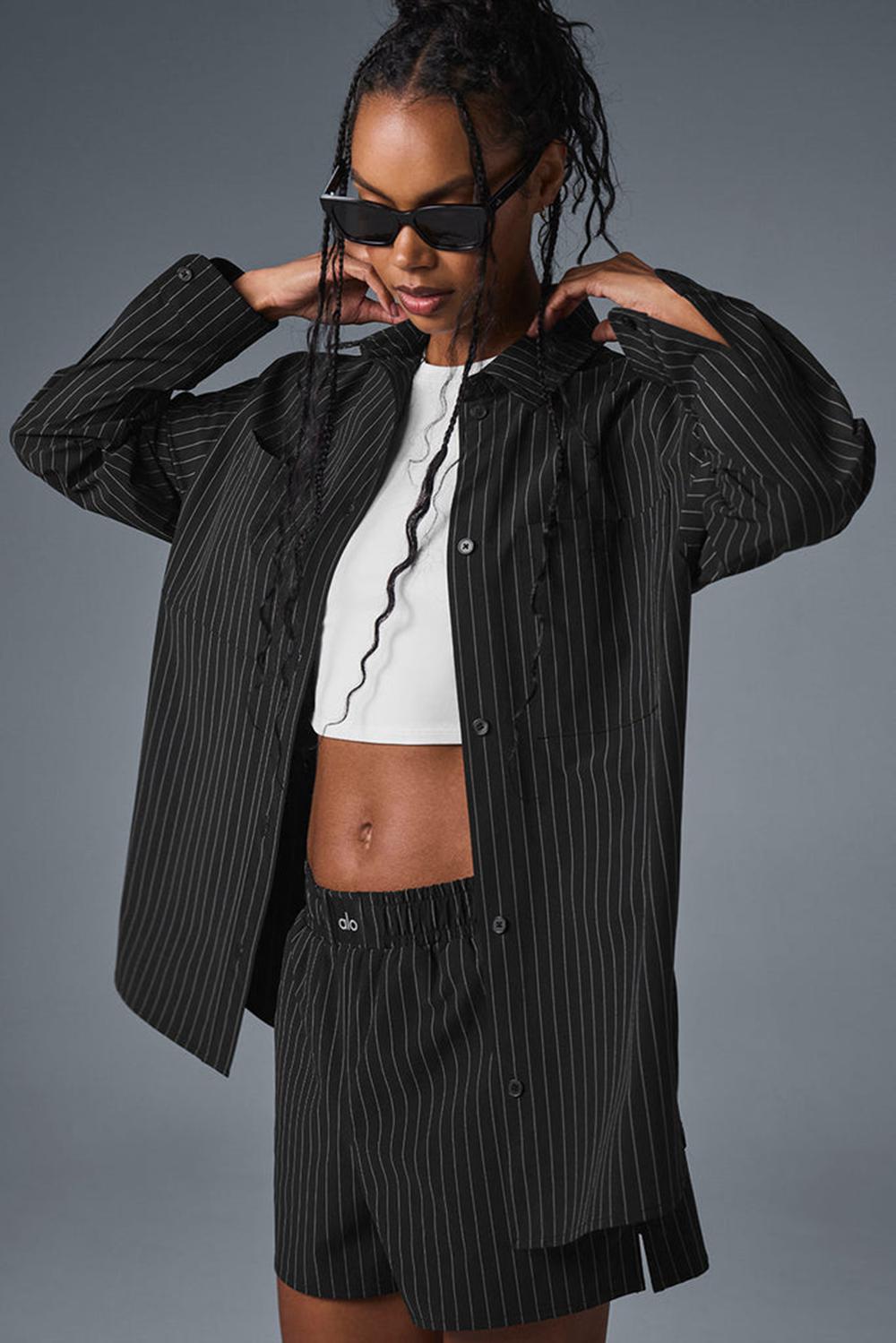 Μακρυμανικο γυναικεια Alo Yoga Pinstripe Daylight Button Down μαυρα Τιτάνιο | Greece  JAFOK-4610