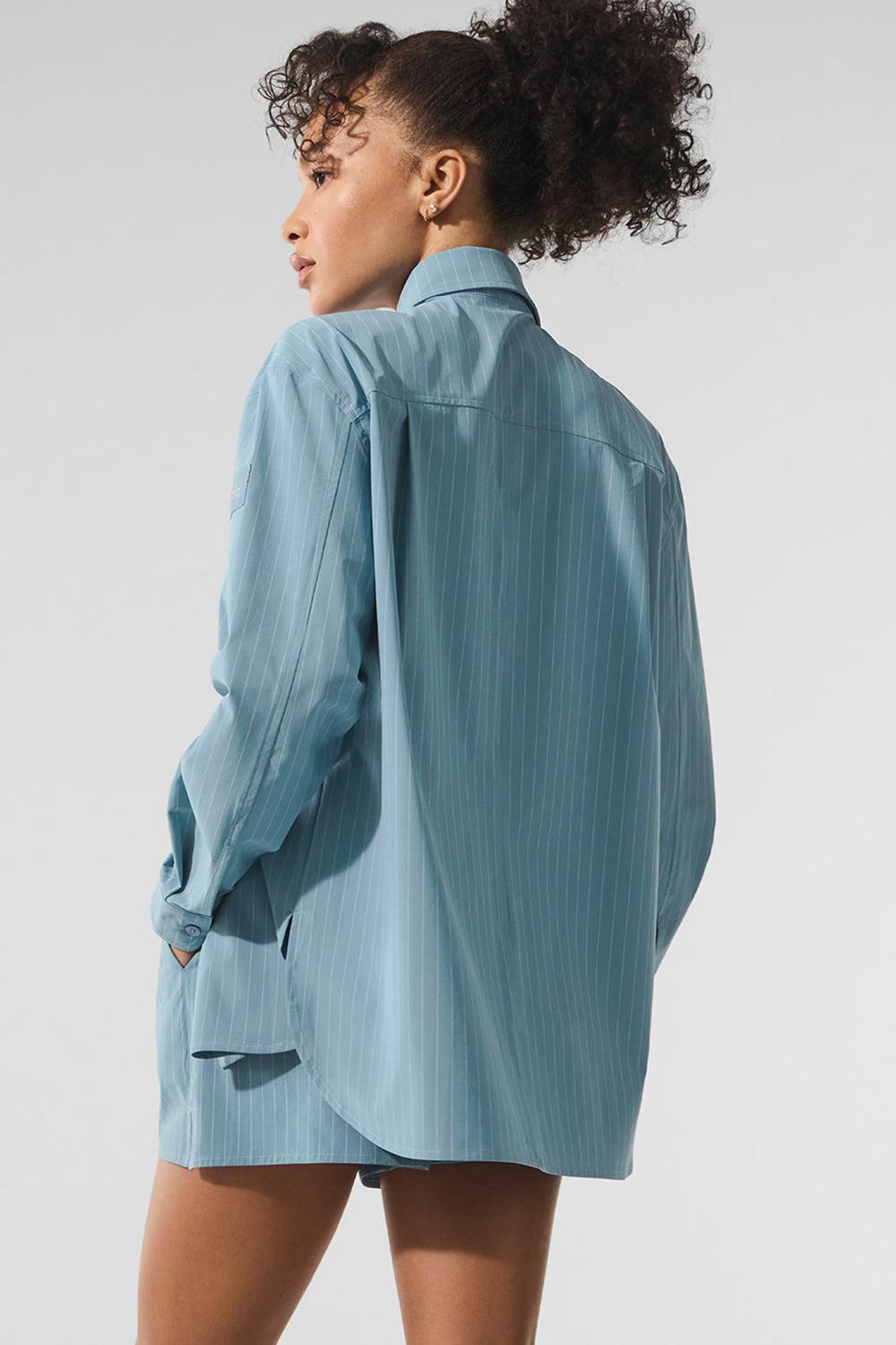 Μακρυμανικο γυναικεια Alo Yoga Pinstripe Daylight Button Down σκούρο μπλε ασπρα | Greece  MLDAF-0851