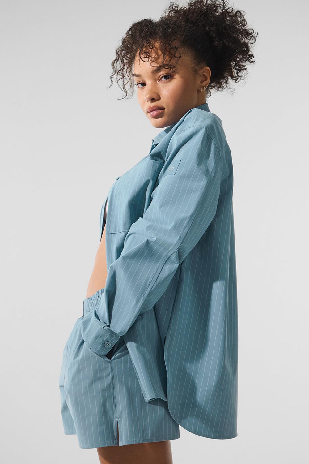 Μακρυμανικο γυναικεια Alo Yoga Pinstripe Daylight Button Down σκούρο μπλε ασπρα | Greece  MLDAF-0851
