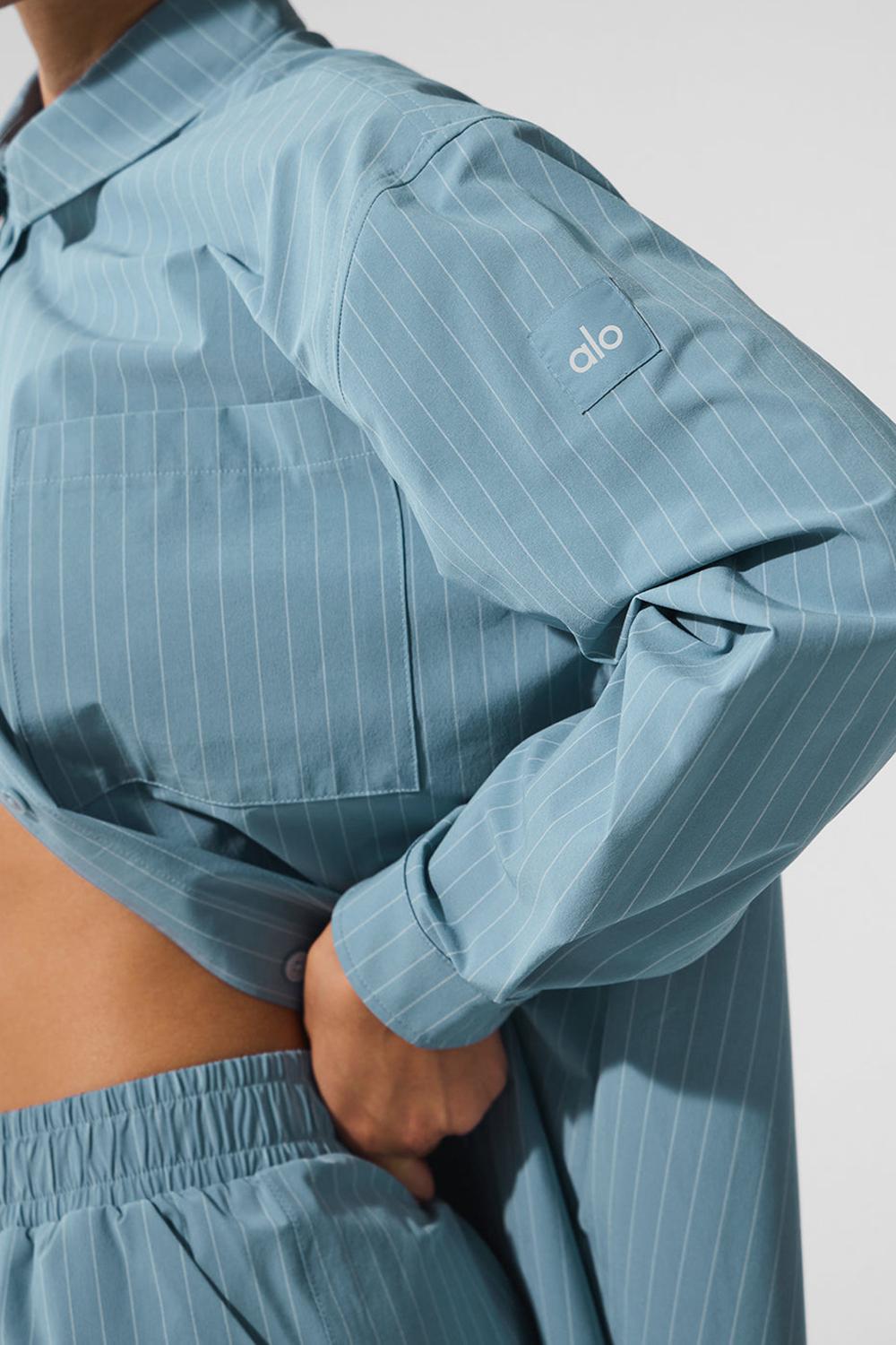 Μακρυμανικο γυναικεια Alo Yoga Pinstripe Daylight Button Down σκούρο μπλε ασπρα | Greece  MLDAF-0851