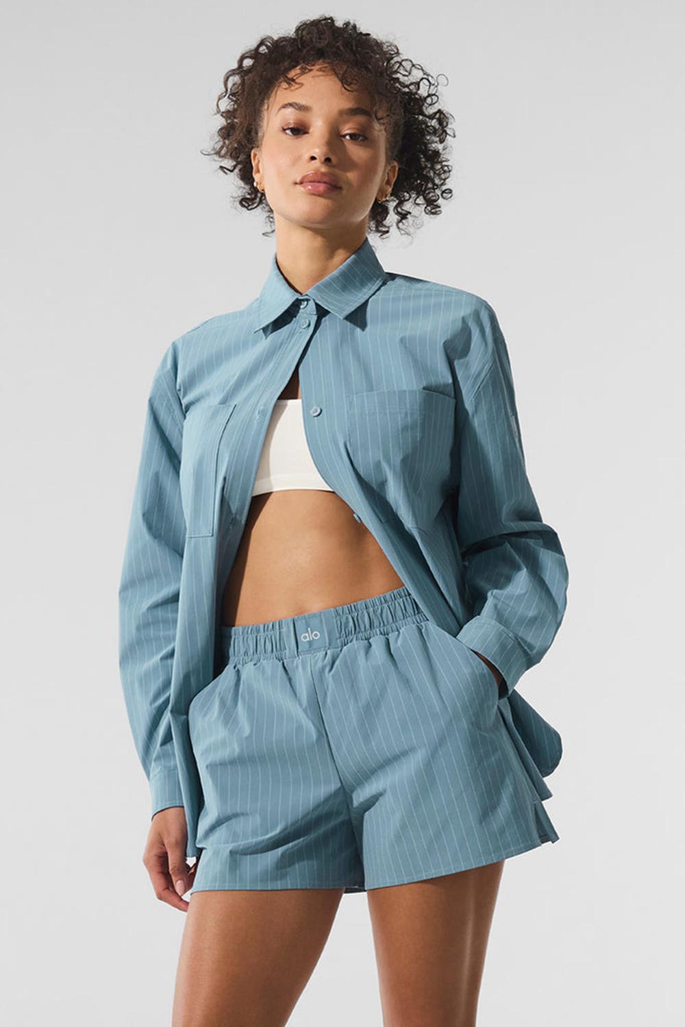 Μακρυμανικο γυναικεια Alo Yoga Pinstripe Daylight Button Down σκούρο μπλε ασπρα | Greece  MLDAF-0851