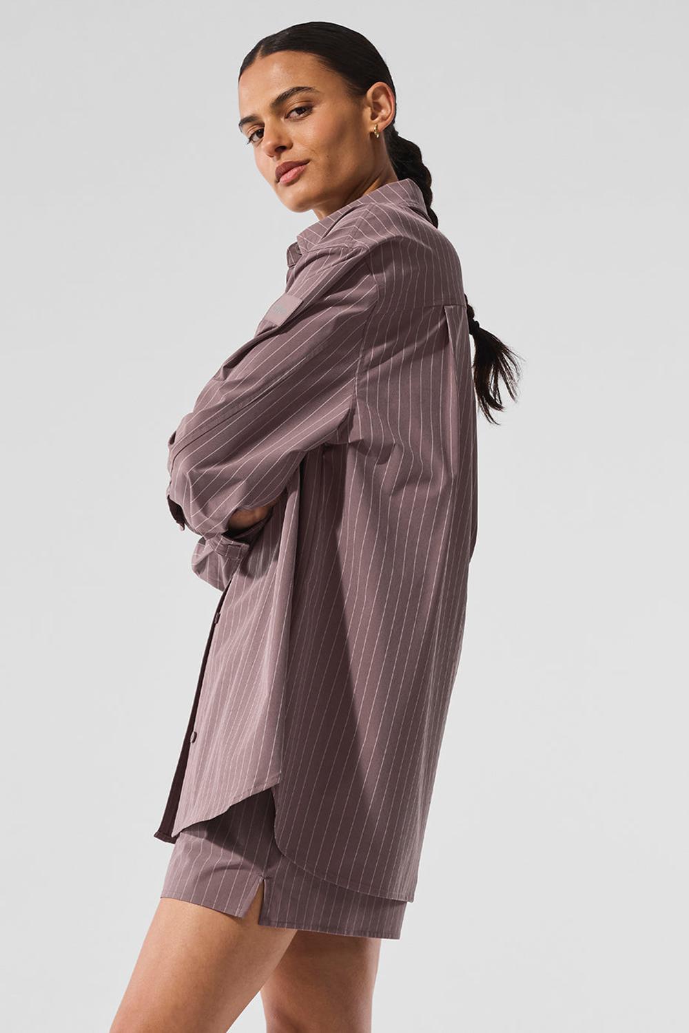 Μακρυμανικο γυναικεια Alo Yoga Pinstripe Daylight Button Down Mushroom / Ivory | Greece  KXAHG-8397